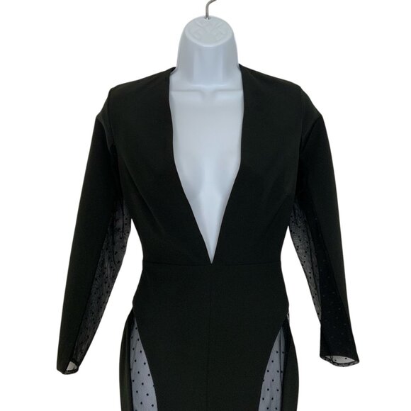 House Of CB Niida Black Sheer Panel Bodycon Dress XS Deep V-Neck Midi Party - Picture 7 of 12